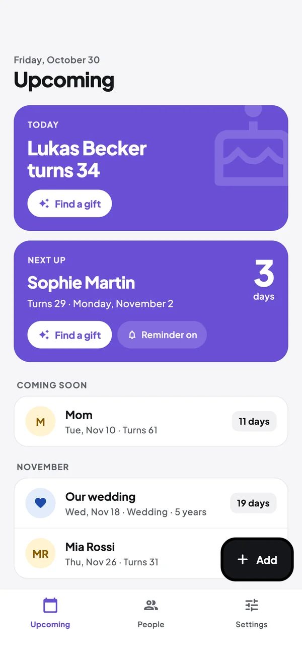 The Upcoming screen: today's birthday, who's next and the coming weeks