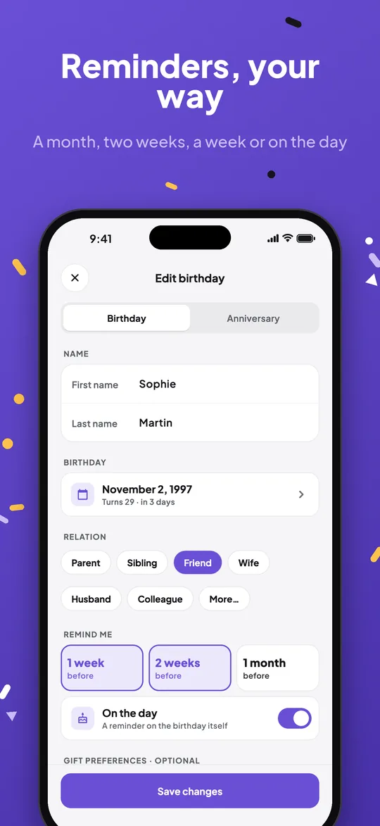 Reminder settings for a person